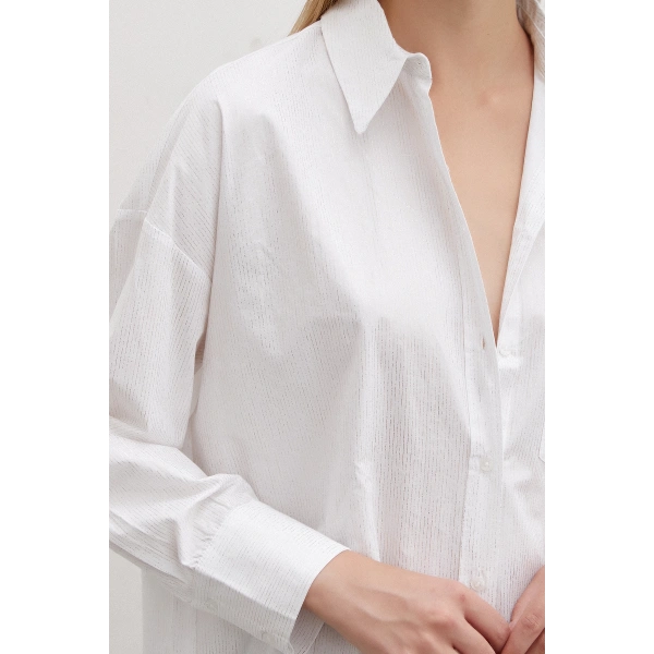 Varaklı Poplin Gömlek Beyaz