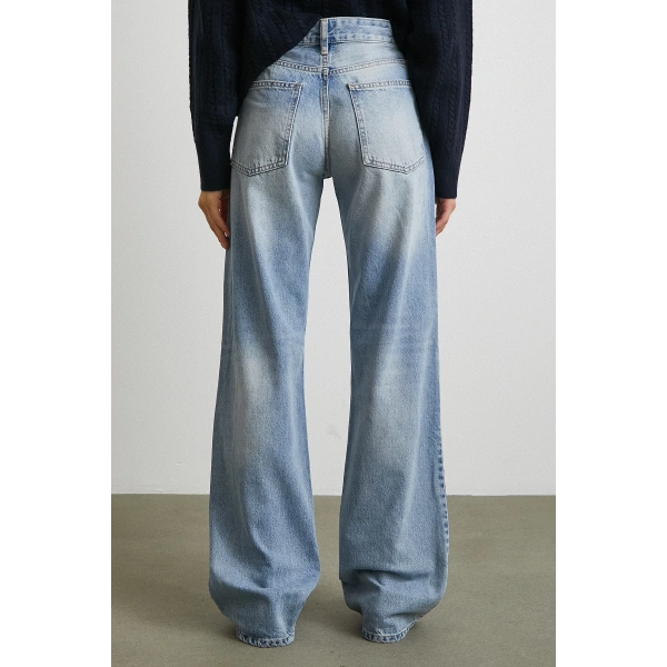 Yüksek Bel Şerit Detaylı Boru Paça Jean Mavi