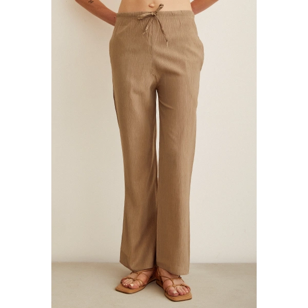 Beli Lastikli Biyeli Yüksek Bel Pantolon Haki