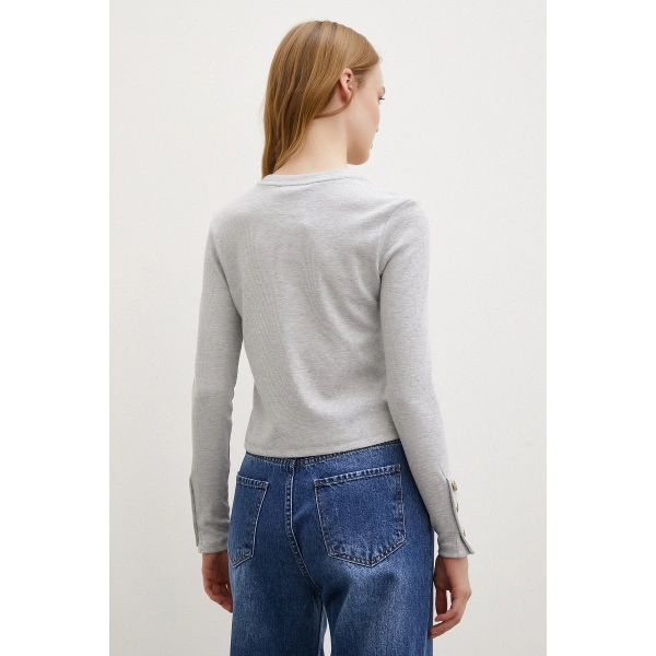 Kollu Düğmeli Bluz Gri