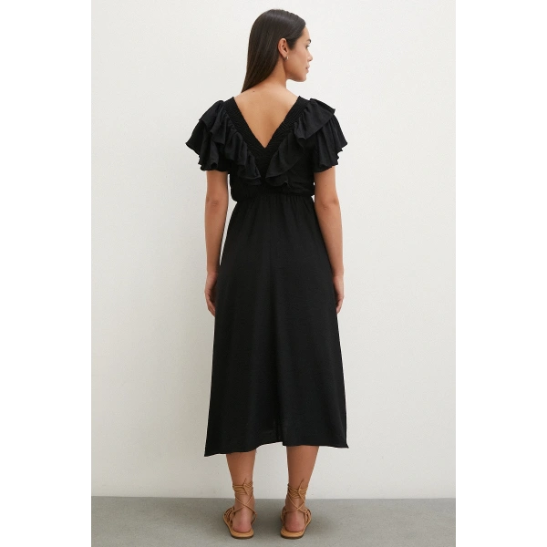 Fırfır Detaylı V Yaka  Gipeli Keten Elbise Siyah