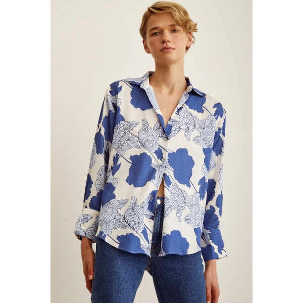 V Yaka Saten Gömlek Mavi