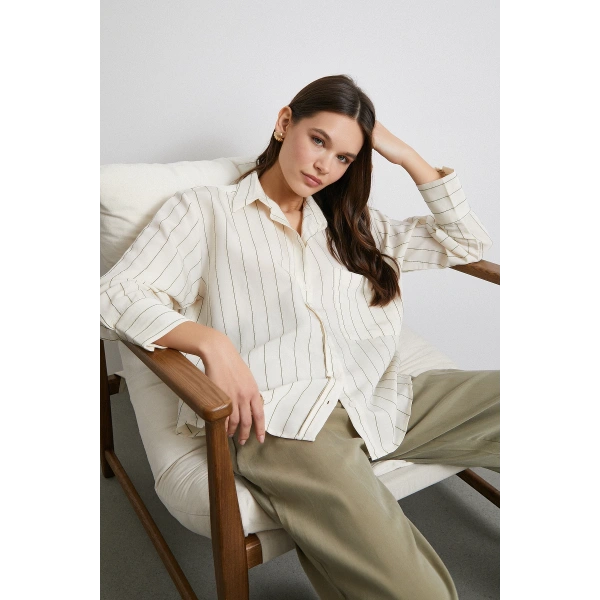 Kontrast Çizgili Modal Gömlek Haki