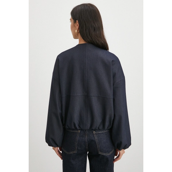 Beli Lastikli Fermuarlı Denim Görünümlü Bomber Ceket Lacivert