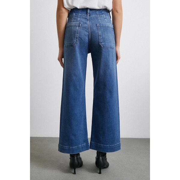 Cep Ve Düğme Detaylı Wide Leg Jean Mavi