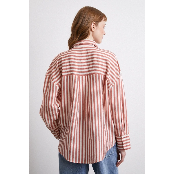 Çizgili T Kol Gömlek Kiremit