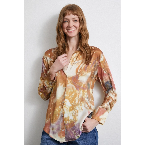 Desenli Saten Gömlek Lila