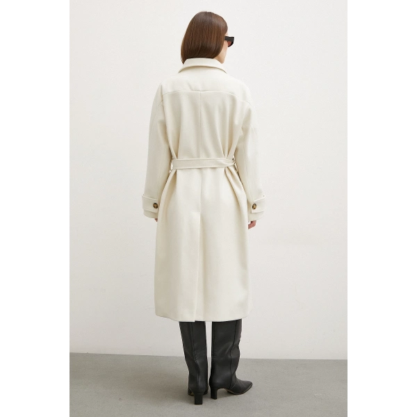 Kol Detaylı Robalı Kaşe Kaban Ekru