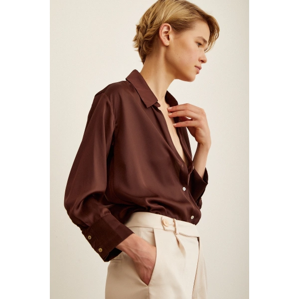 Basic Saten Gömlek Kahve