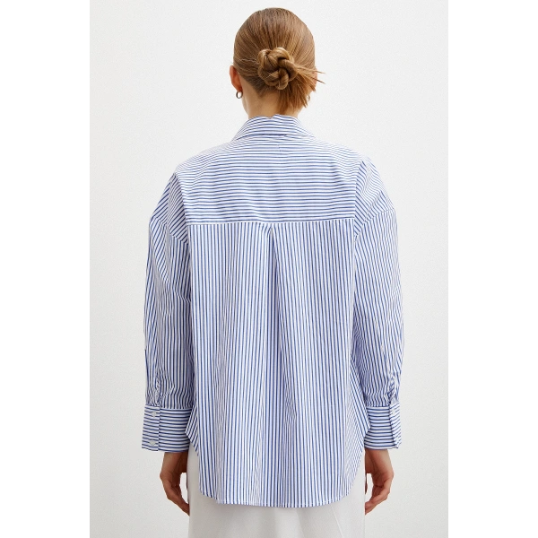 Çizgili Poplin Gömlek Mavi