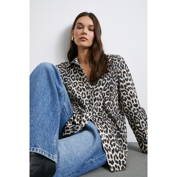 Leopar Desenli Saten Gömlek Bej