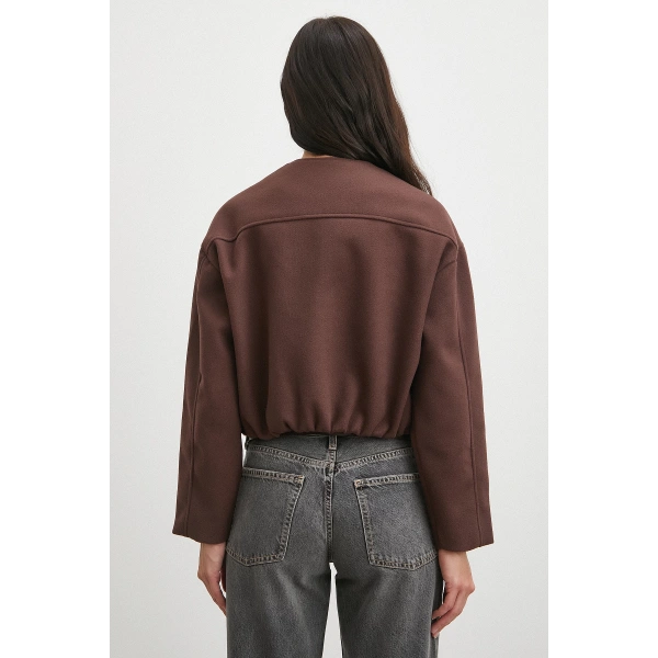 Beli Lastikli Düğmeli Bomber Ceket Kahve
