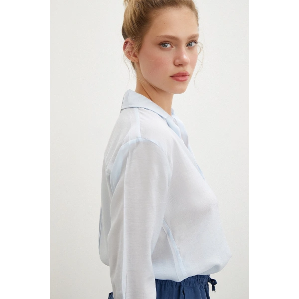 V Yaka Robalı Gömlek Mavi