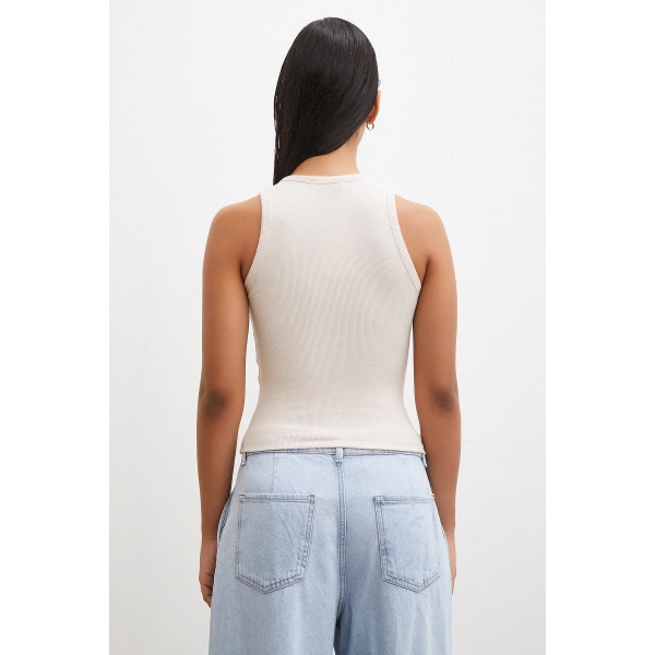 Bisiklet Yaka Top Bej