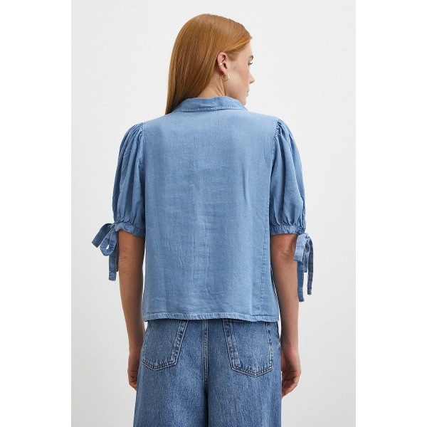 Kısa Kollu Bağcıklı Gömlek Mavi