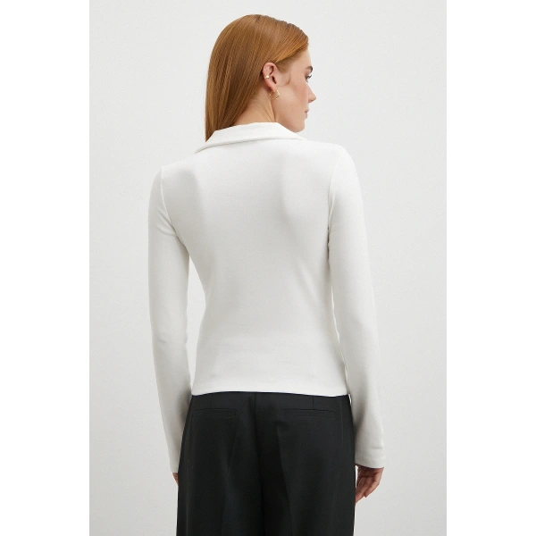 Yakalı Çift Fermuarlı Bluz Beyaz