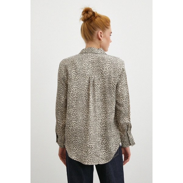 Leopar Desenli Viskon Saten Gömlek Krem