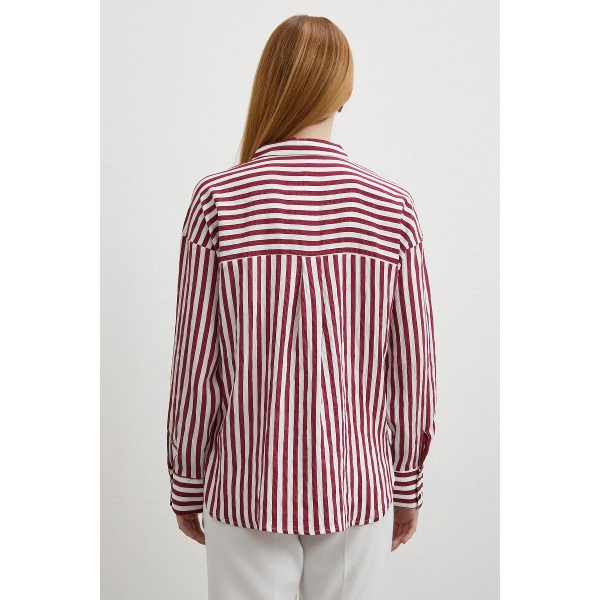 Multi Çizgili Cepli Gömlek Bordo