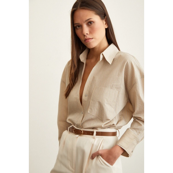 Çizgili Oversize Gömlek Bej