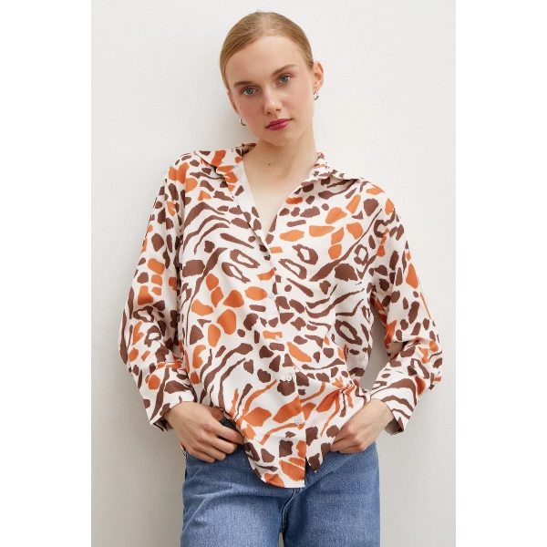 V Yaka Leopar Desen Gömlek Taş