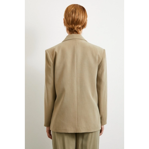 Çift Düğmeli Keten Blazer Ceket Haki