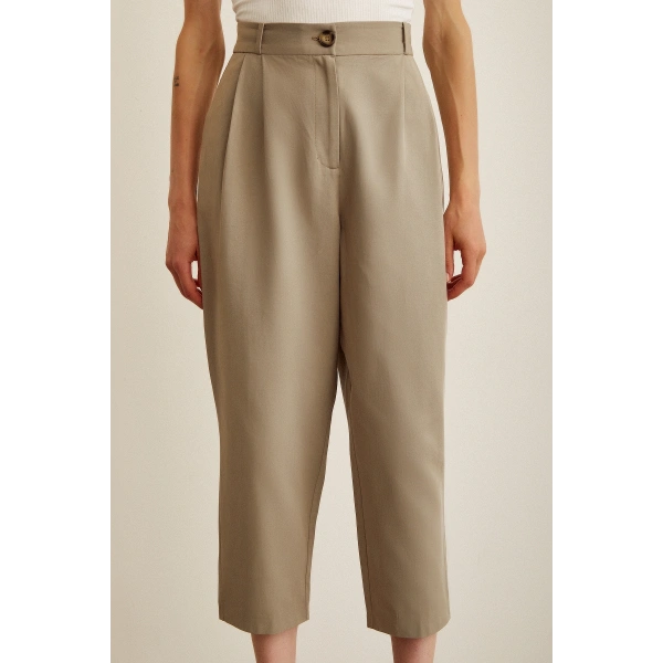 Önü Çift Pileli Pantolon Haki