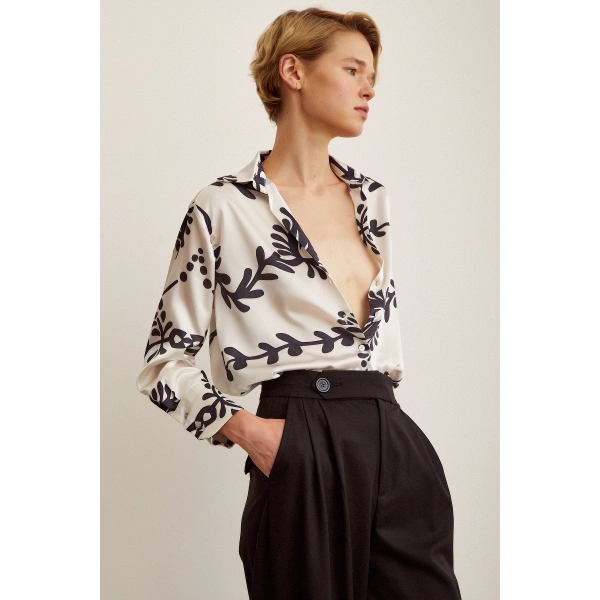 Desenli  Saten Gömlek Siyah