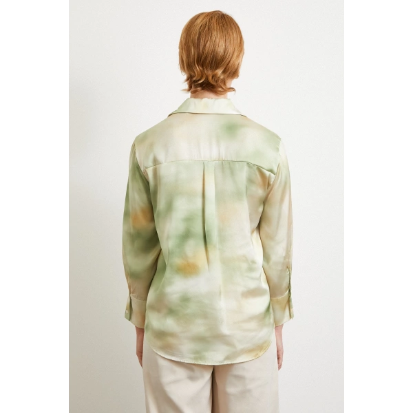 Ebruli Desen Saten GömleK Yeşil