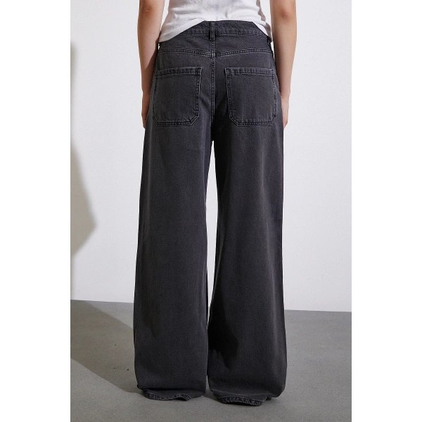 Yüksel Bel Geniş Paça Jean Füme