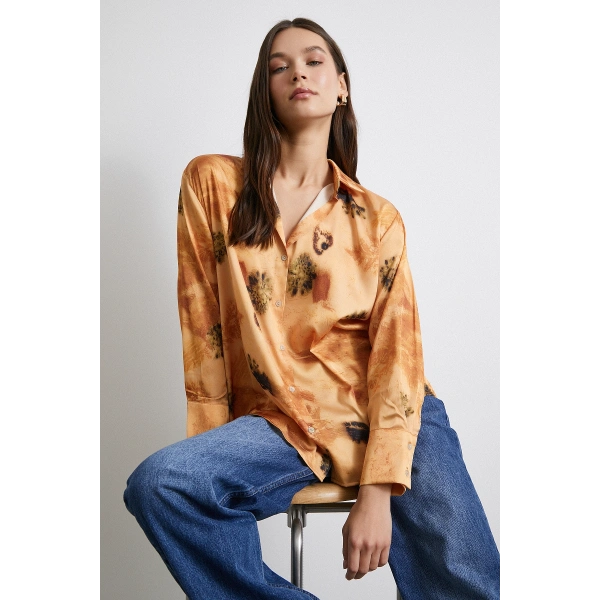 V Yaka Desenli Gömlek Somon