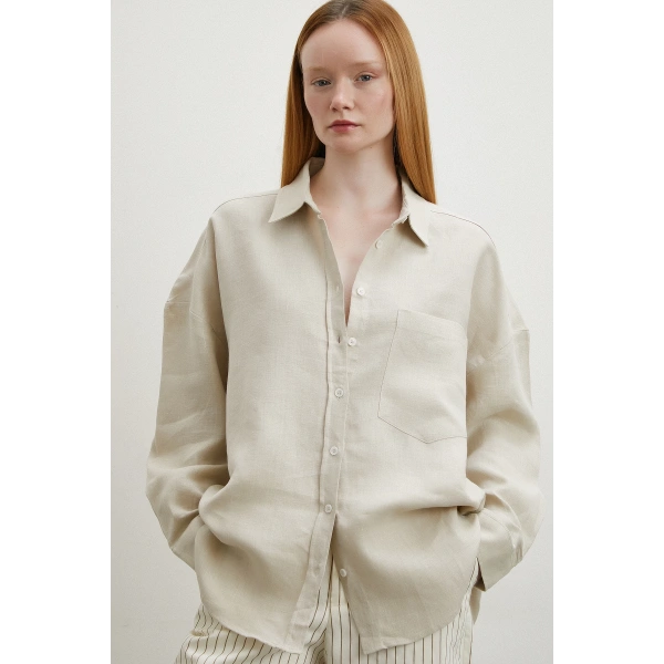 Robalı Cepli Keten Gömlek Taş