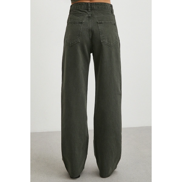 Yüksek Bel Kesik Boru Paça Jean Yeşil