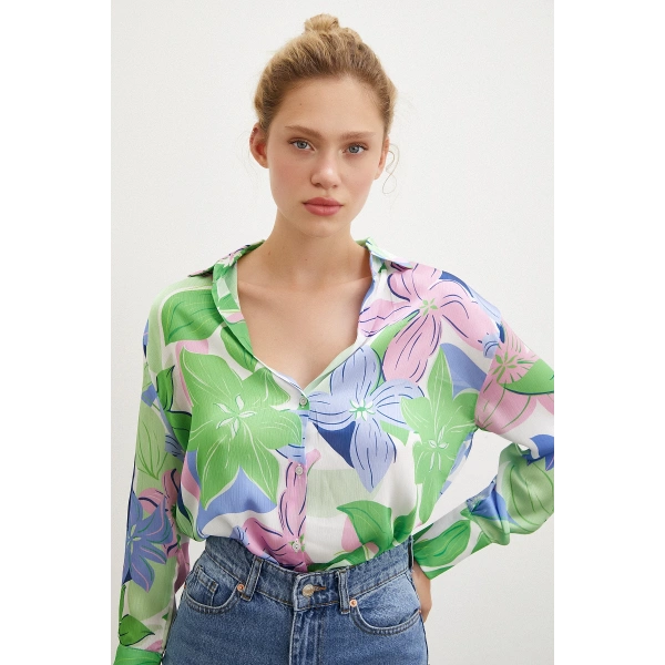 Çiçek Desen Saten Gömlek Yeşil