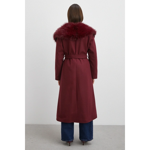 Kürk Yaka Kuşaklı Kaşe Kaban Bordo