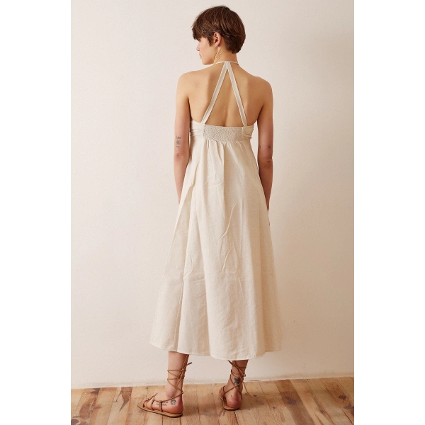 Sırt Dekolteli Askılı Elbise Krem