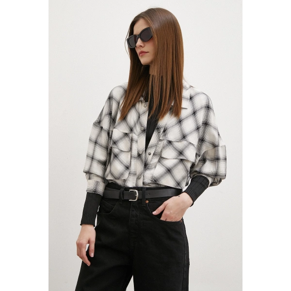 Körüklü Cepli Ekose Gömlek Krem