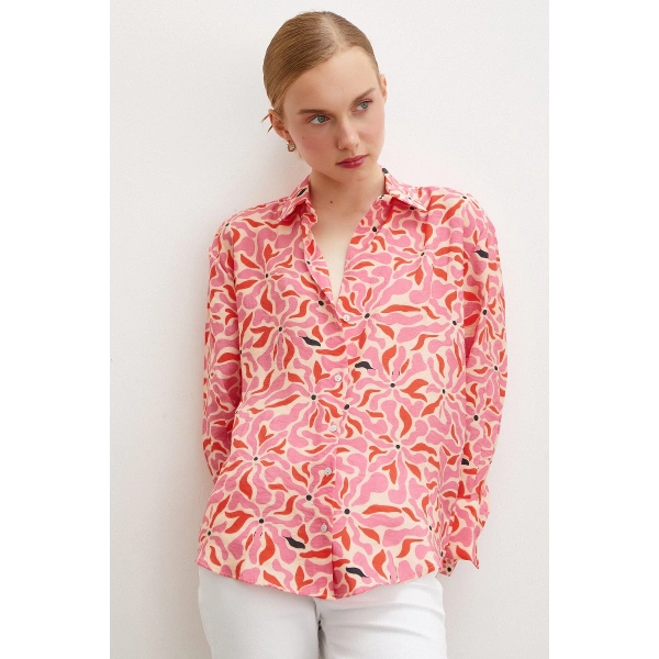 Çiçek Desen V Yaka Modal Gömlek Fuşya