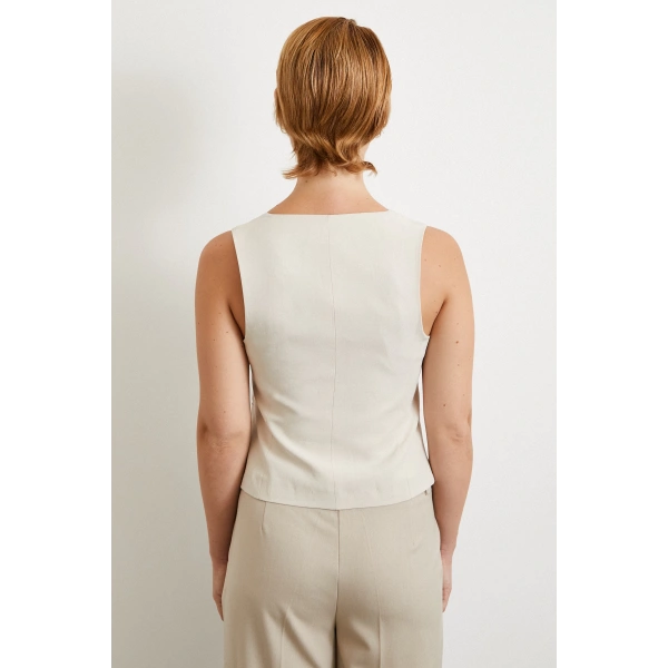 Cep Kapaklı Keten Yelek Krem