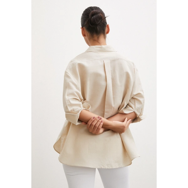 Yırtmaçlı Fakir Kol Gömlek Bej