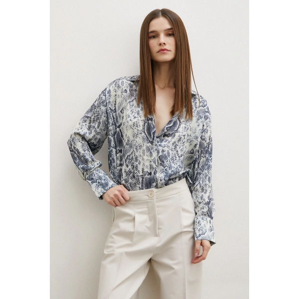 Yılan Desen Saten Gömlek Gri