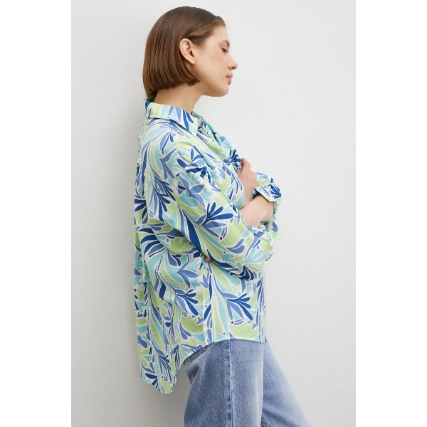 Baskılı Modal Gömlek Mavi