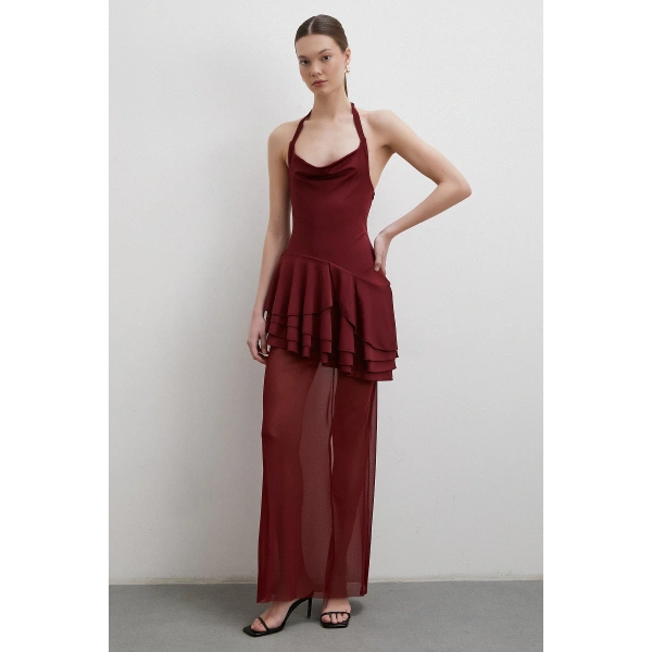 Boyun Askılı Fırfırlı Tül Elbise Bordo