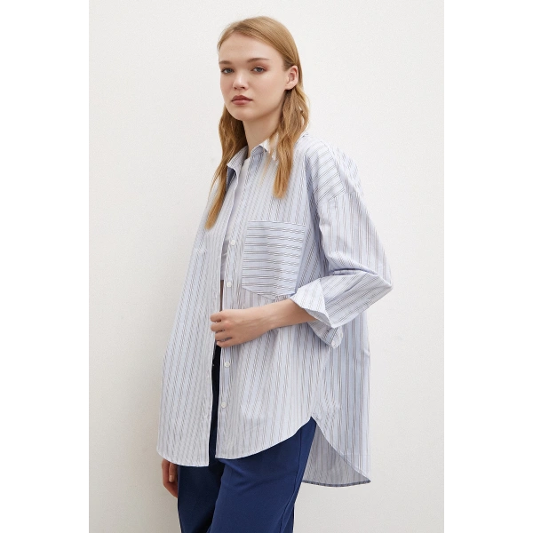 Tek Cepli Poplin Gömlek Mavi