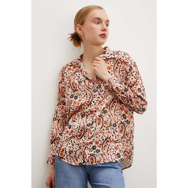 Desenli Gofret Saten Gömlek Oranj