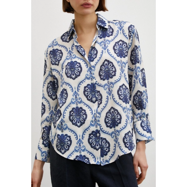 V Yaka Şal Desen Gömlek Lacivert