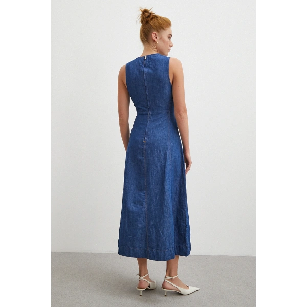 Bisiklet Yaka Kolsuz Premium Uzun Kot Elbise Lacivert