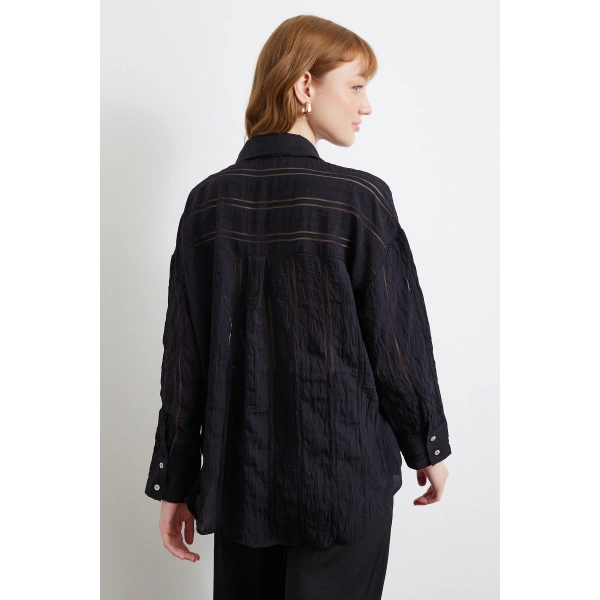 Organze Çizgili Gömlek Siyah