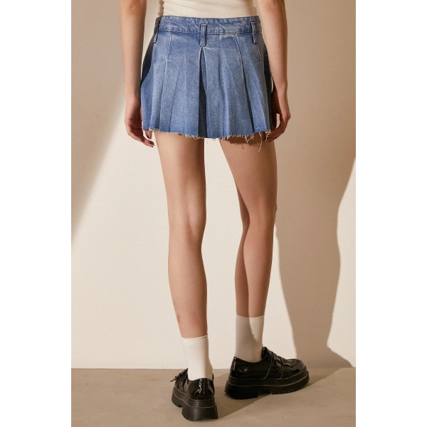Pileli Jean Mini Etek Mavi