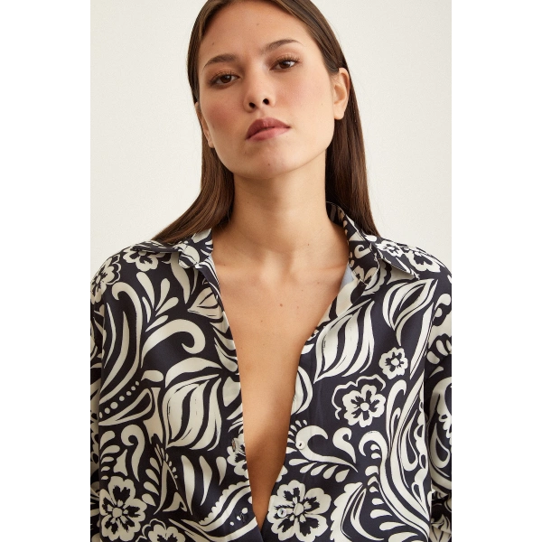 Renkli Baskılı Poplin Gömlek Mavi