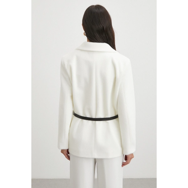 Kemerli Tay Flock Ceket Beyaz